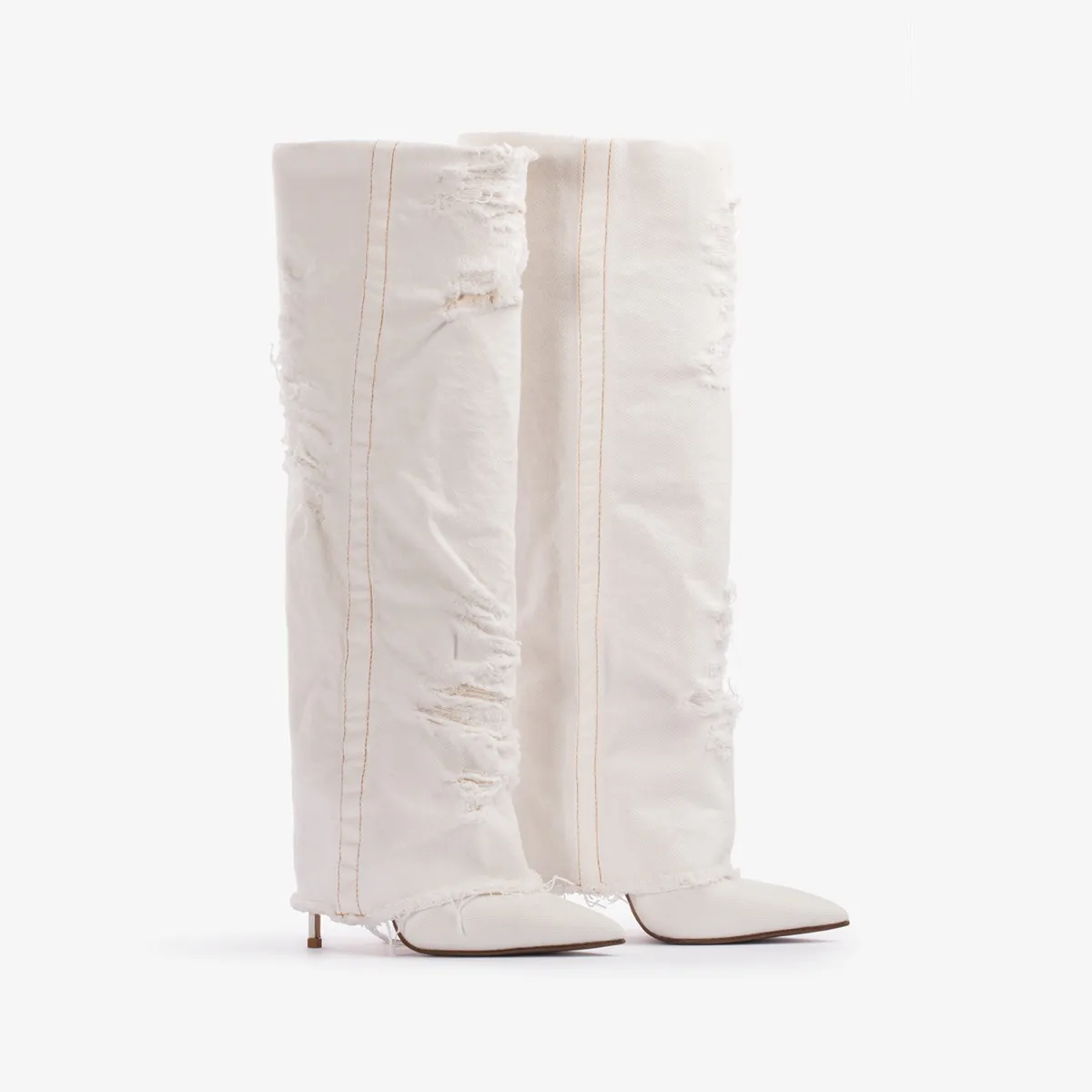 ANDY BOOT 120 mm Distressed white denim cuffed knee boot