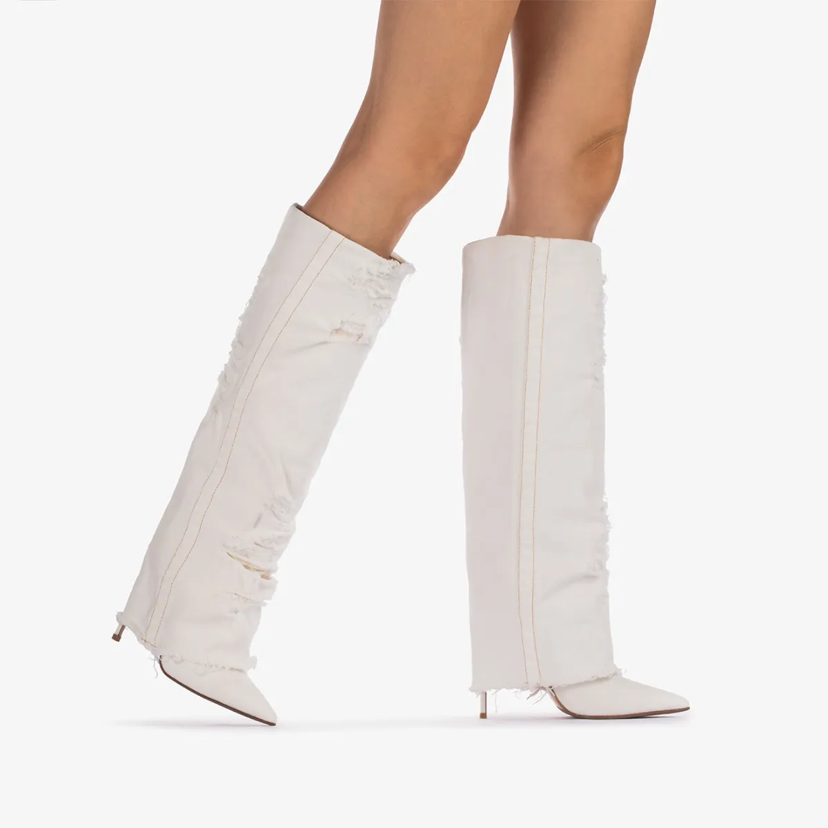 ANDY BOOT 120 mm Distressed white denim cuffed knee boot