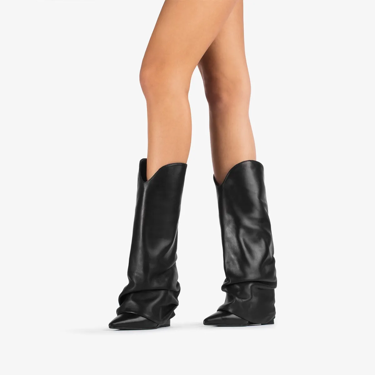 ANDY COWBOY BOOT 120 mm Black nappa leather cuffed Western-inspired knee boot