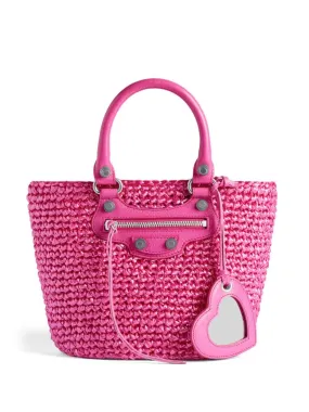 BALENCIAGA Bubblegum Pink Mini Raffia & Lambskin Tote with Detachable Strap