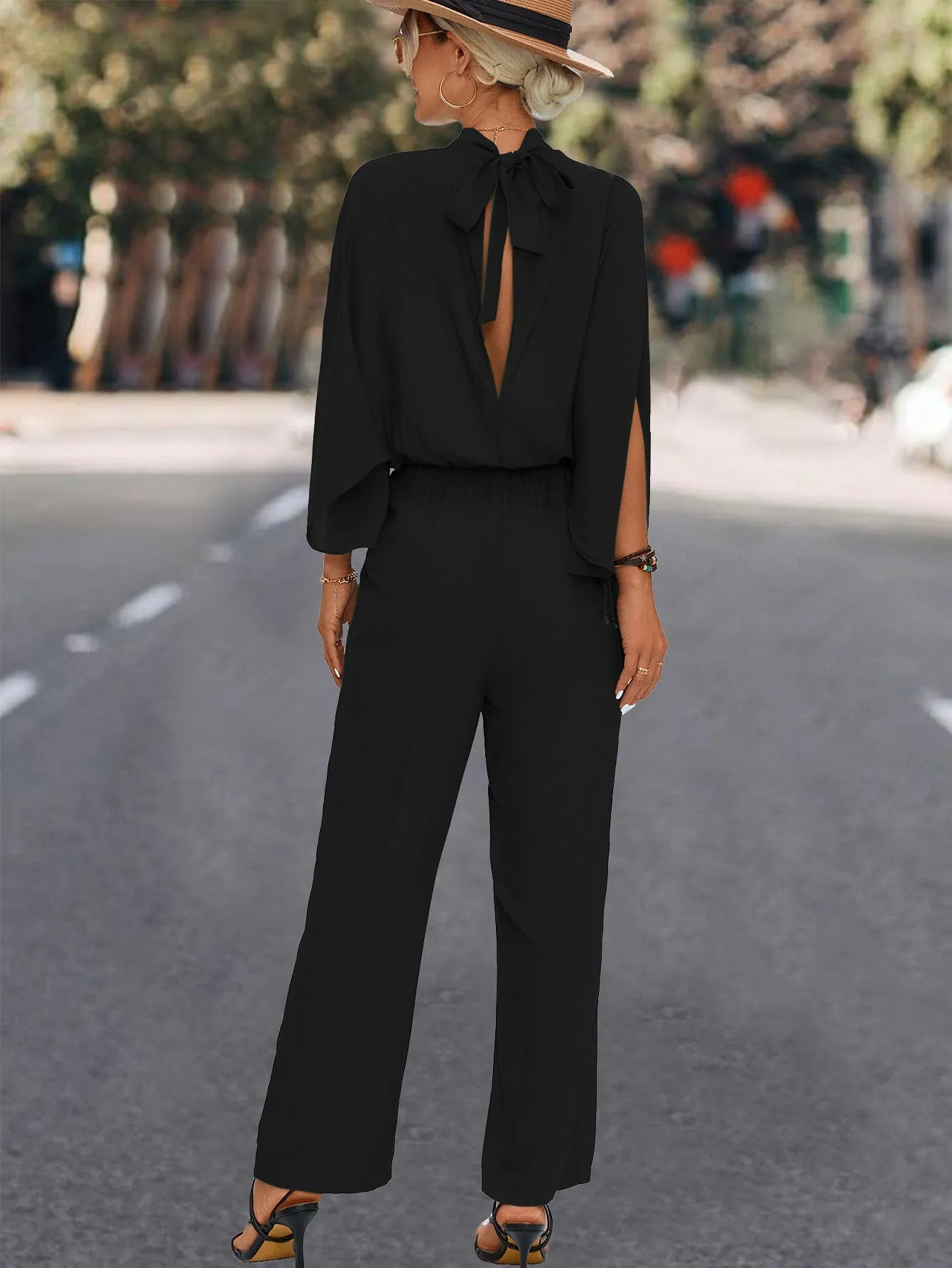 Fashion Batwing Sleeve Turtleneck Solid Jumpsuit