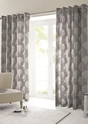 Fusion Woodland Trees Grey Eyelet Curtains