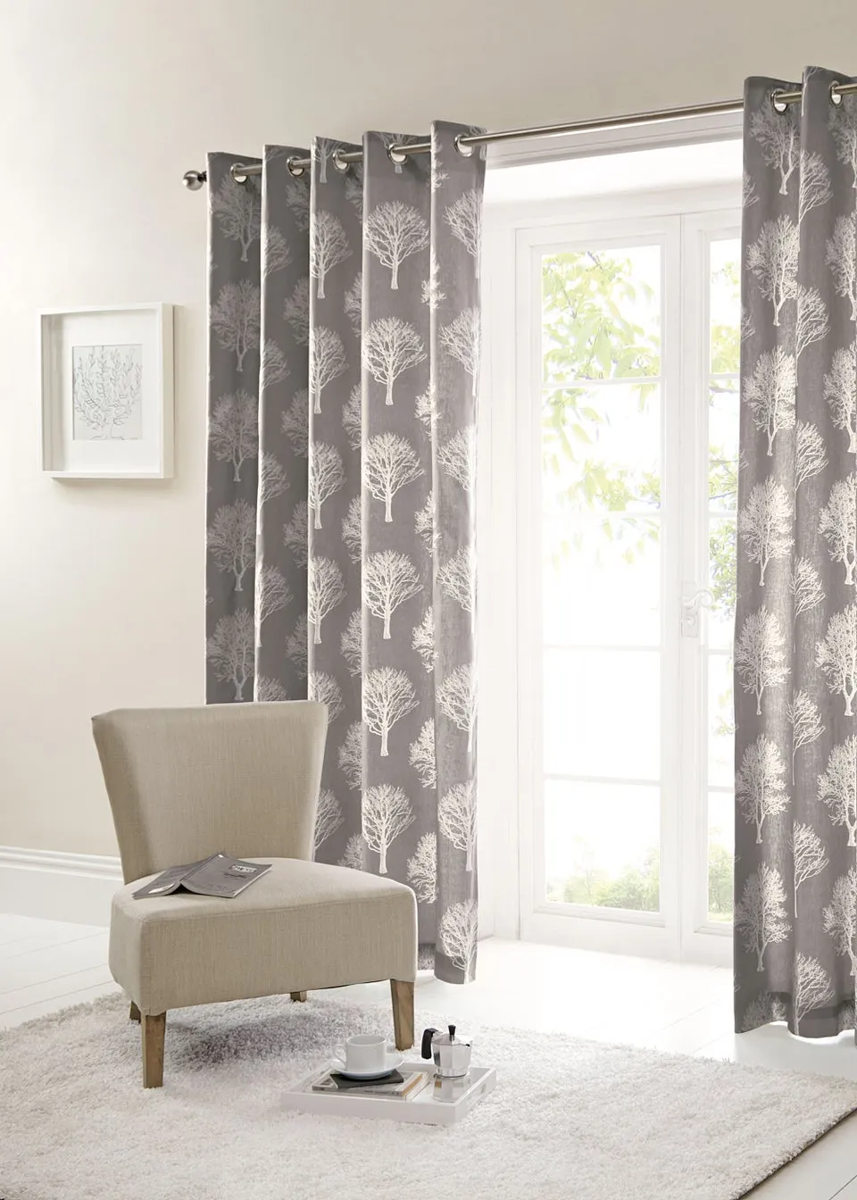 Fusion Woodland Trees Grey Eyelet Curtains