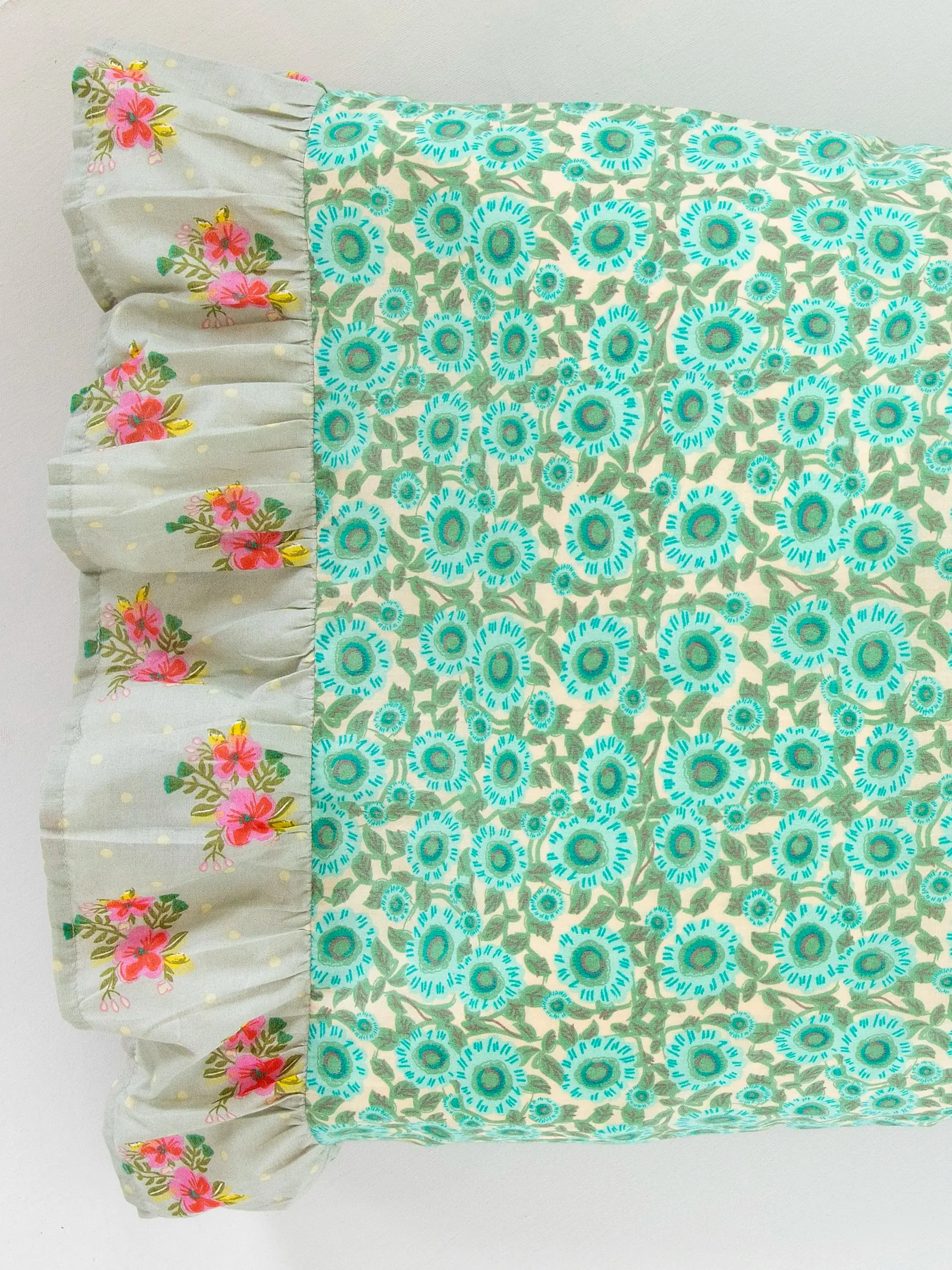 Mix & Match Soft Cotton Pillowcase, Single - Mint Dahlia Grey Nora Ruffle