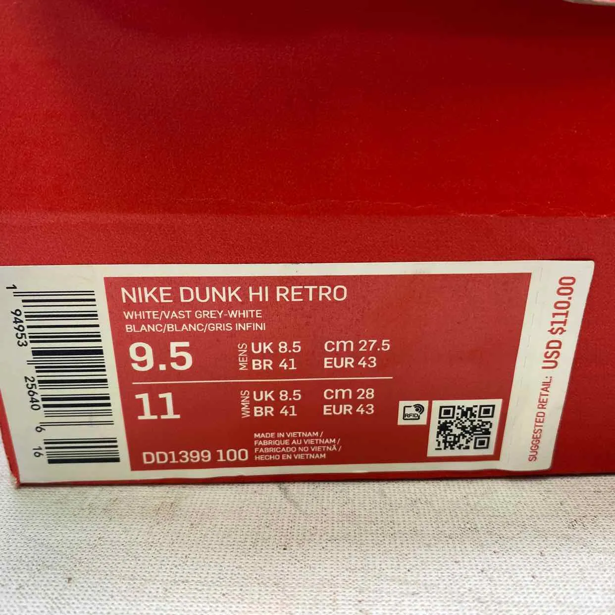 Nike Dunk High Retro Vast Grey 2021 New Size 9.5