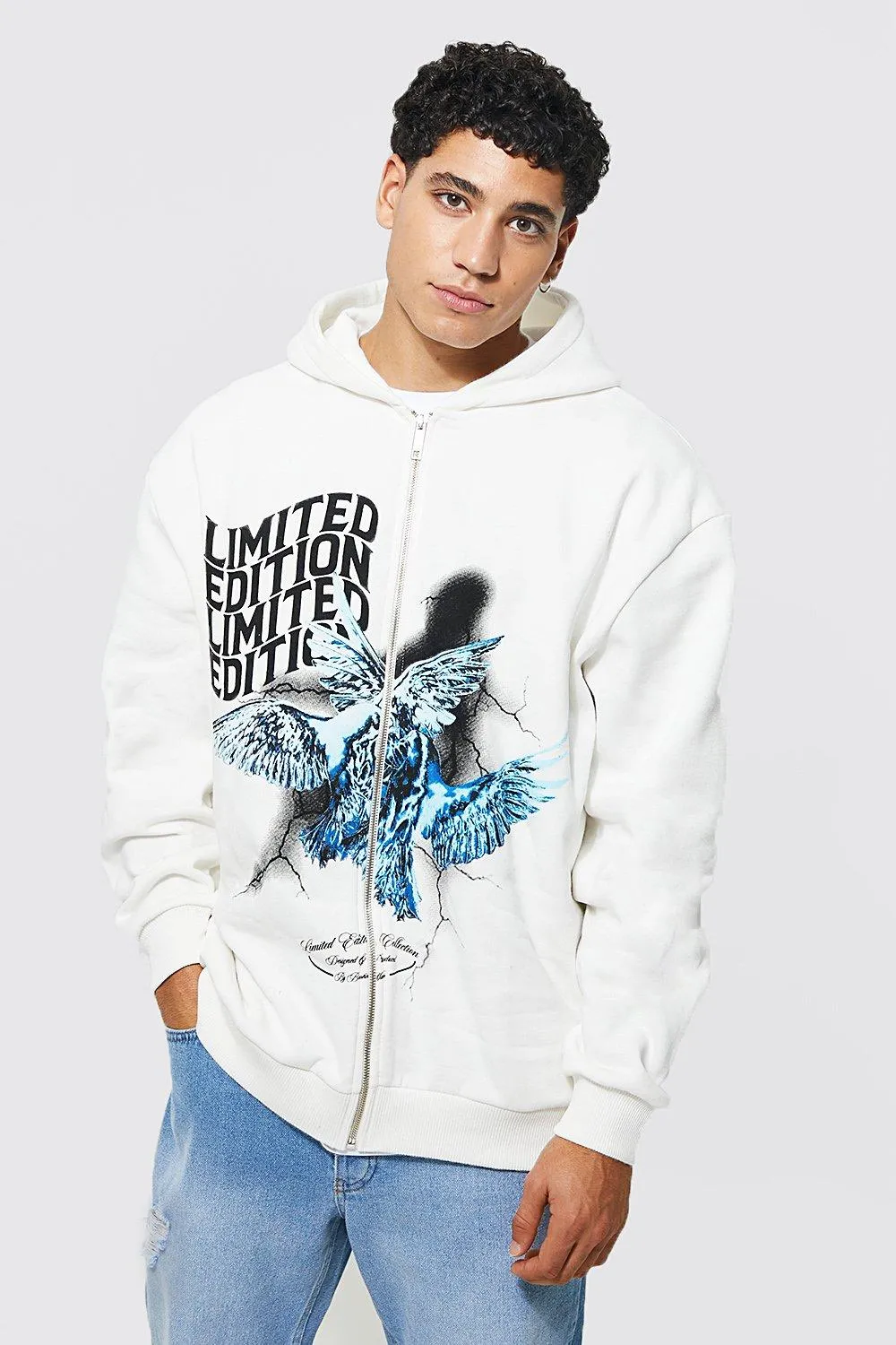 Oversized Limited Dove Zip Through Hoodie | boohooMAN UK