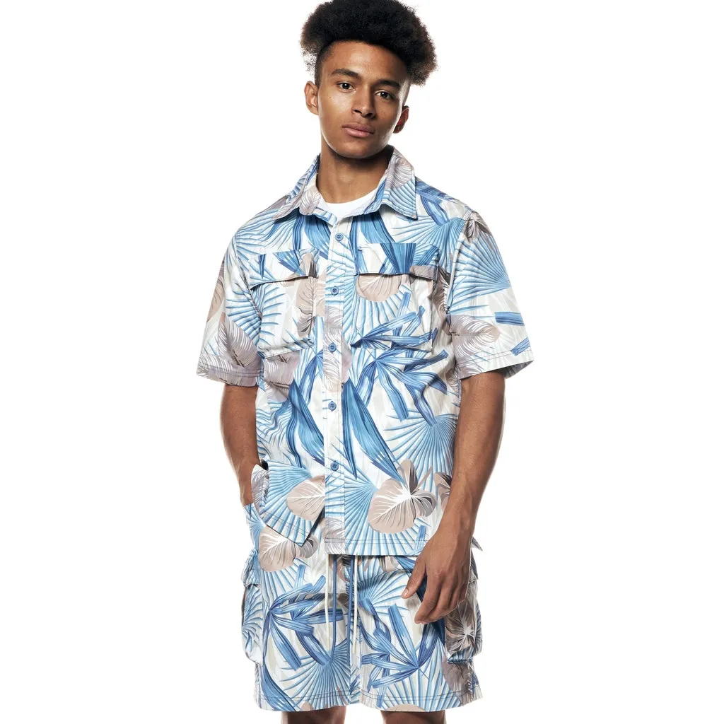 Printed Short Sleeve Woven Windbreaker Shirt - Tropic Blue