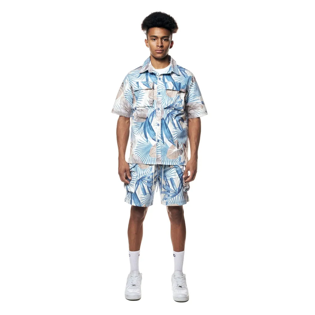 Printed Short Sleeve Woven Windbreaker Shirt - Tropic Blue