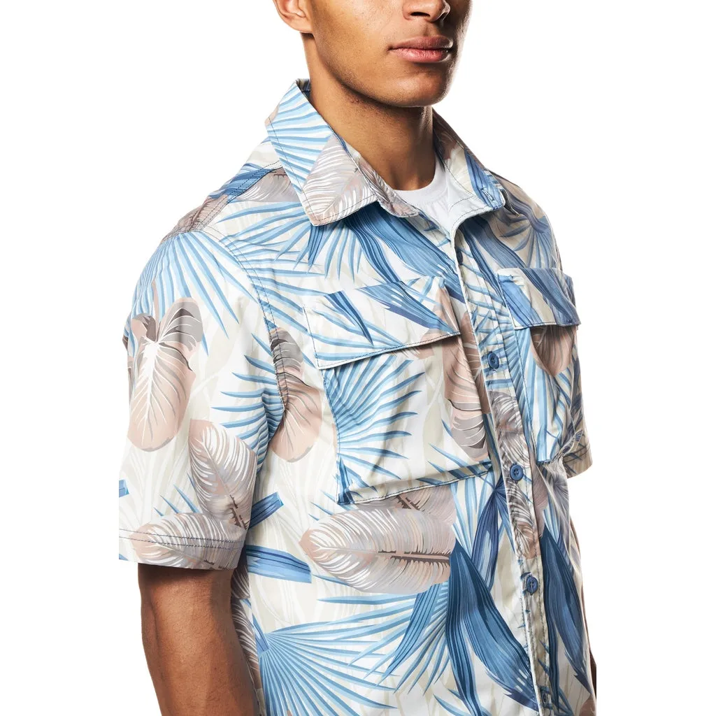 Printed Short Sleeve Woven Windbreaker Shirt - Tropic Blue