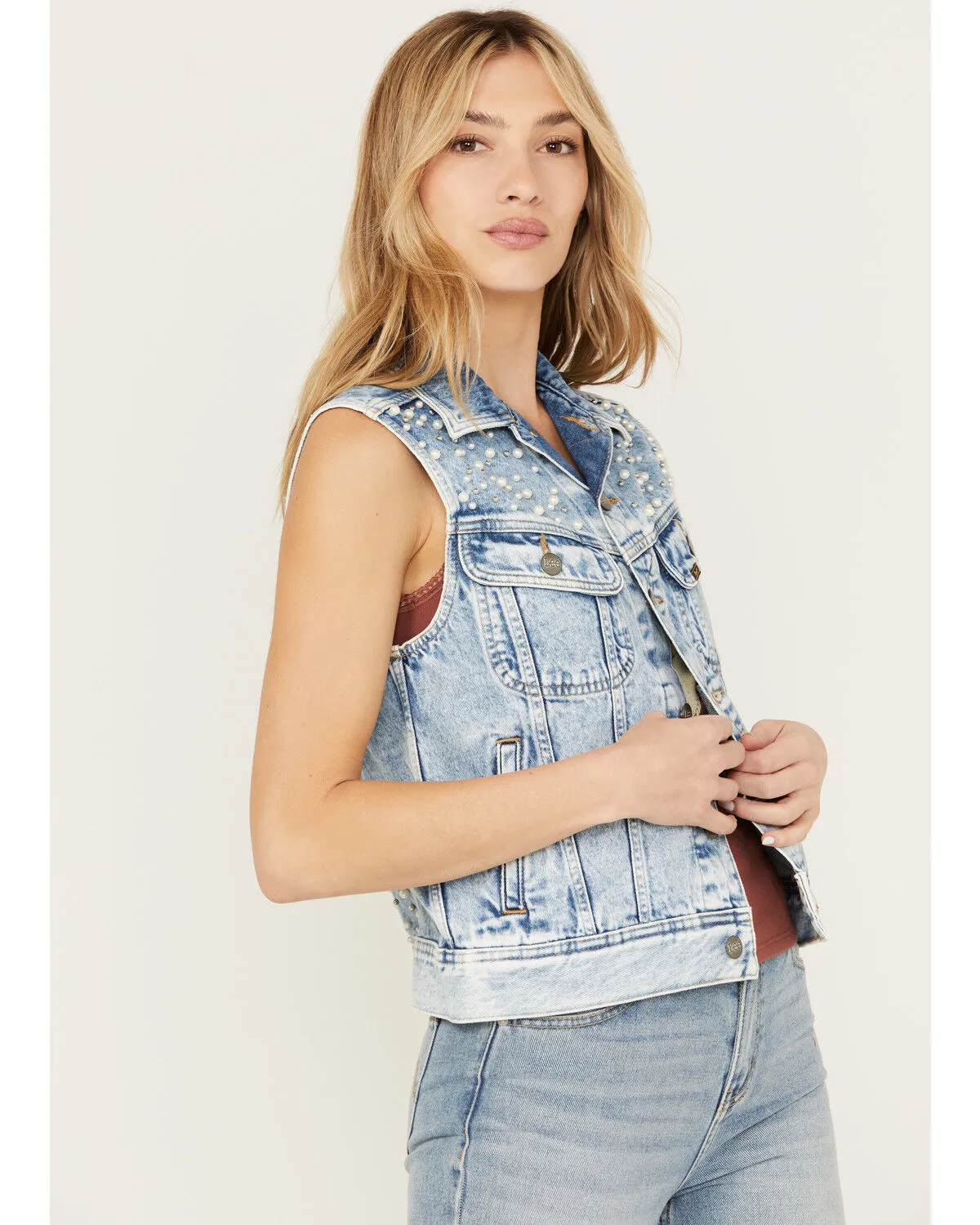 Product Name:  Lee Women's Light Wash Acid Wash Denim Pearl Vest