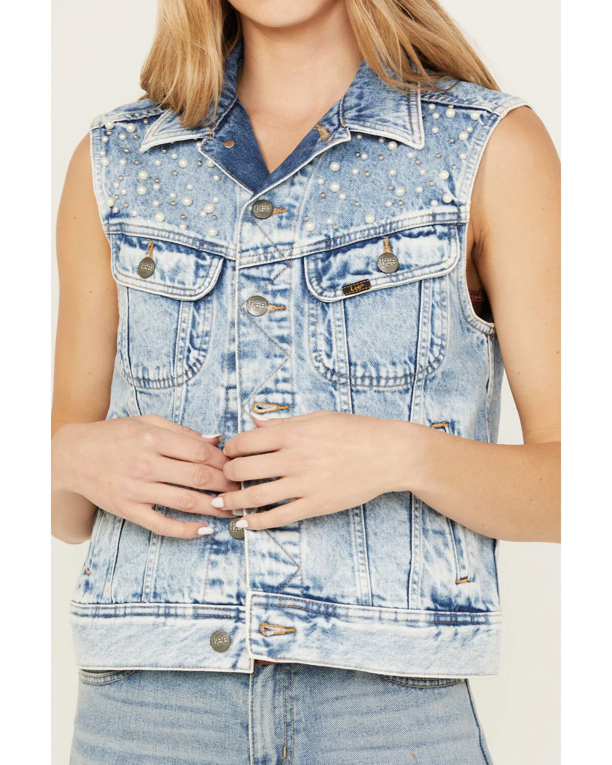 Product Name:  Lee Women's Light Wash Acid Wash Denim Pearl Vest