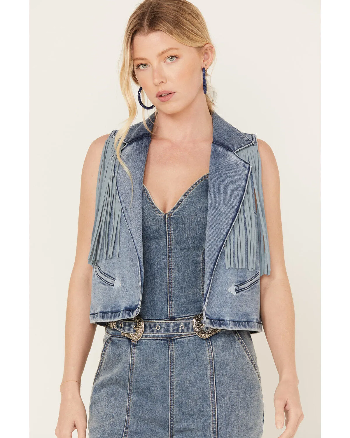 Product Name:  Rock & Roll Denim Women's Medium Wash Cropped Denim Fringe Vest