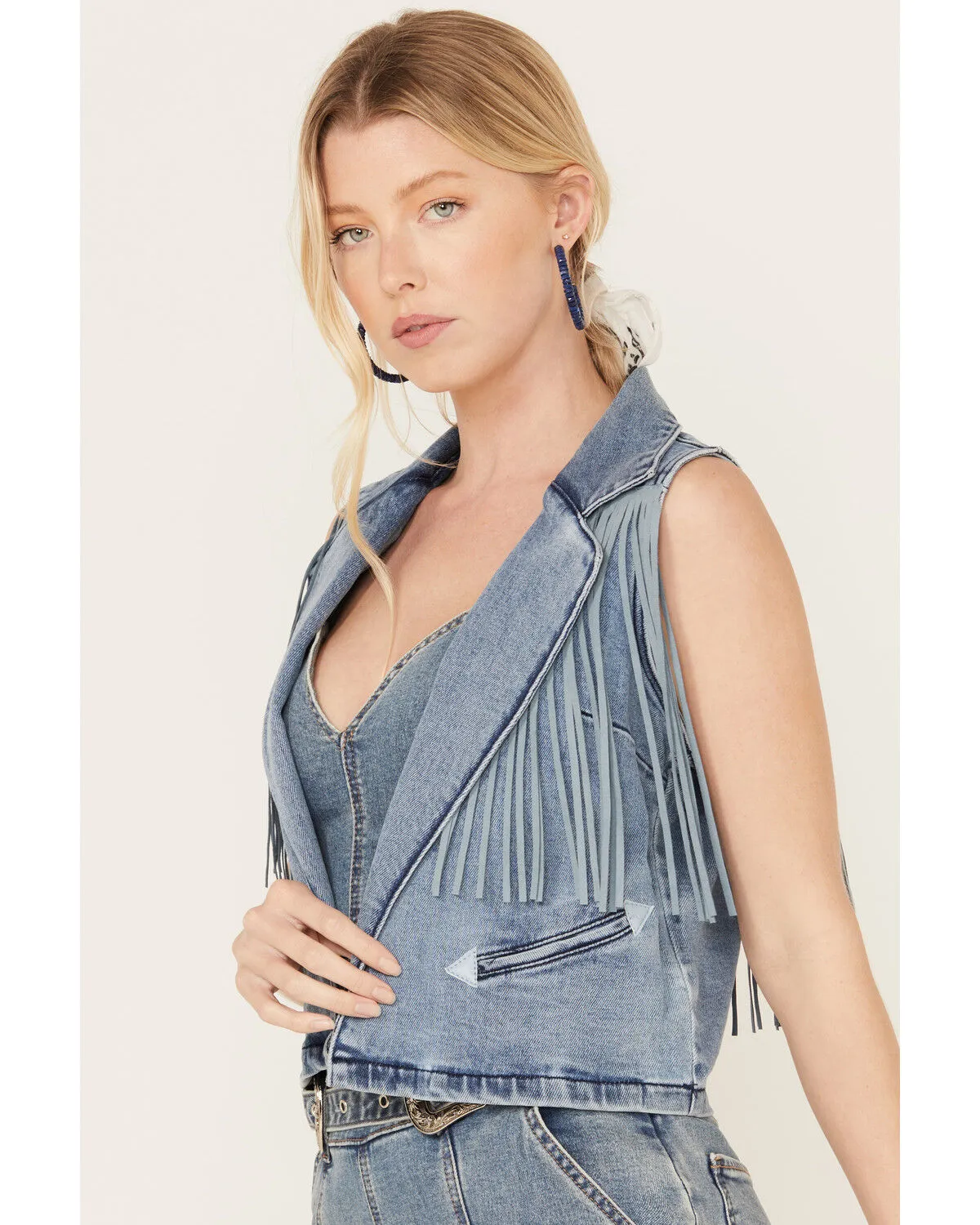 Product Name:  Rock & Roll Denim Women's Medium Wash Cropped Denim Fringe Vest