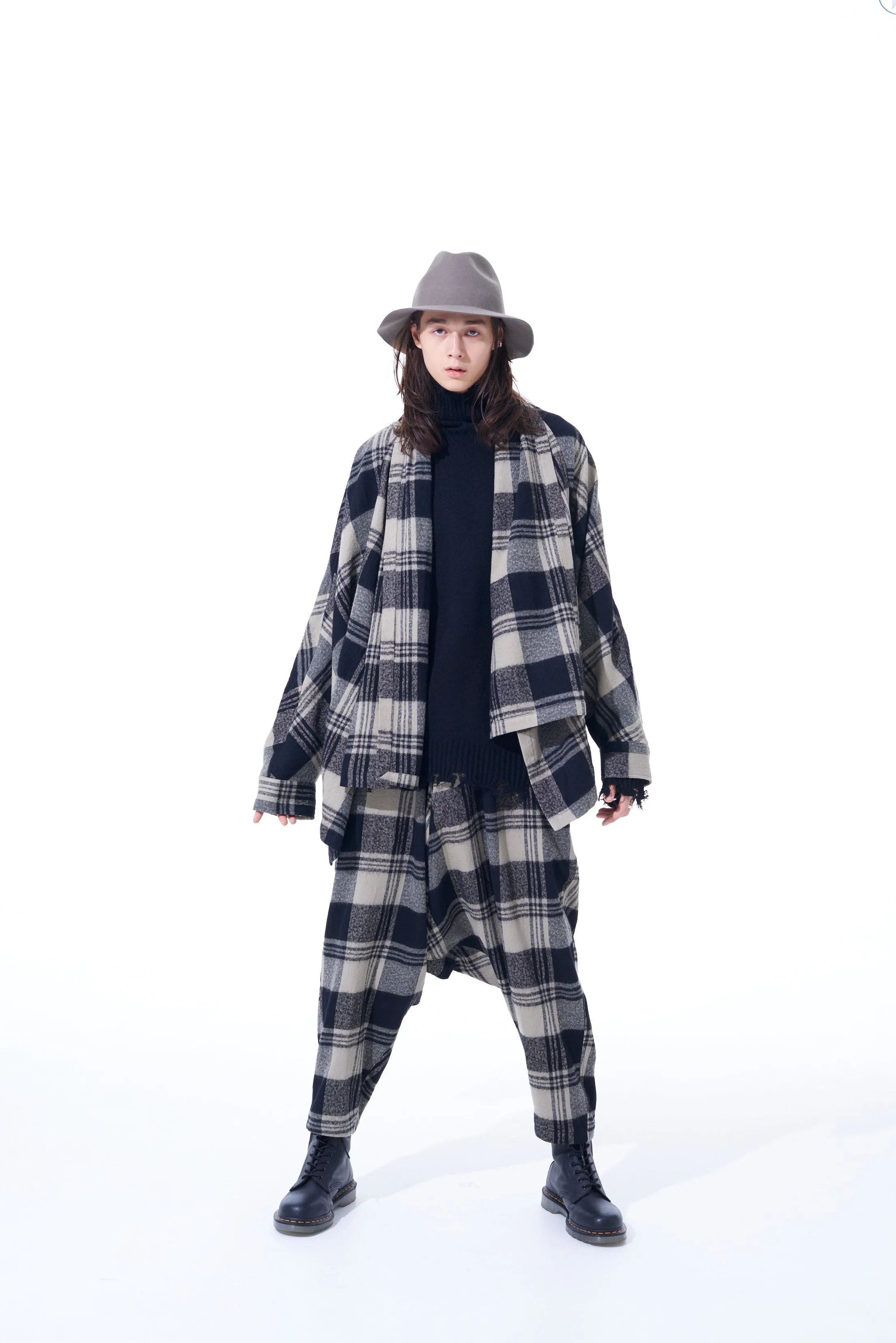 SHRUNKEN CHECK TWILL DOLMAN SLEEVE CARDIGAN WITH STOLE COLLAR