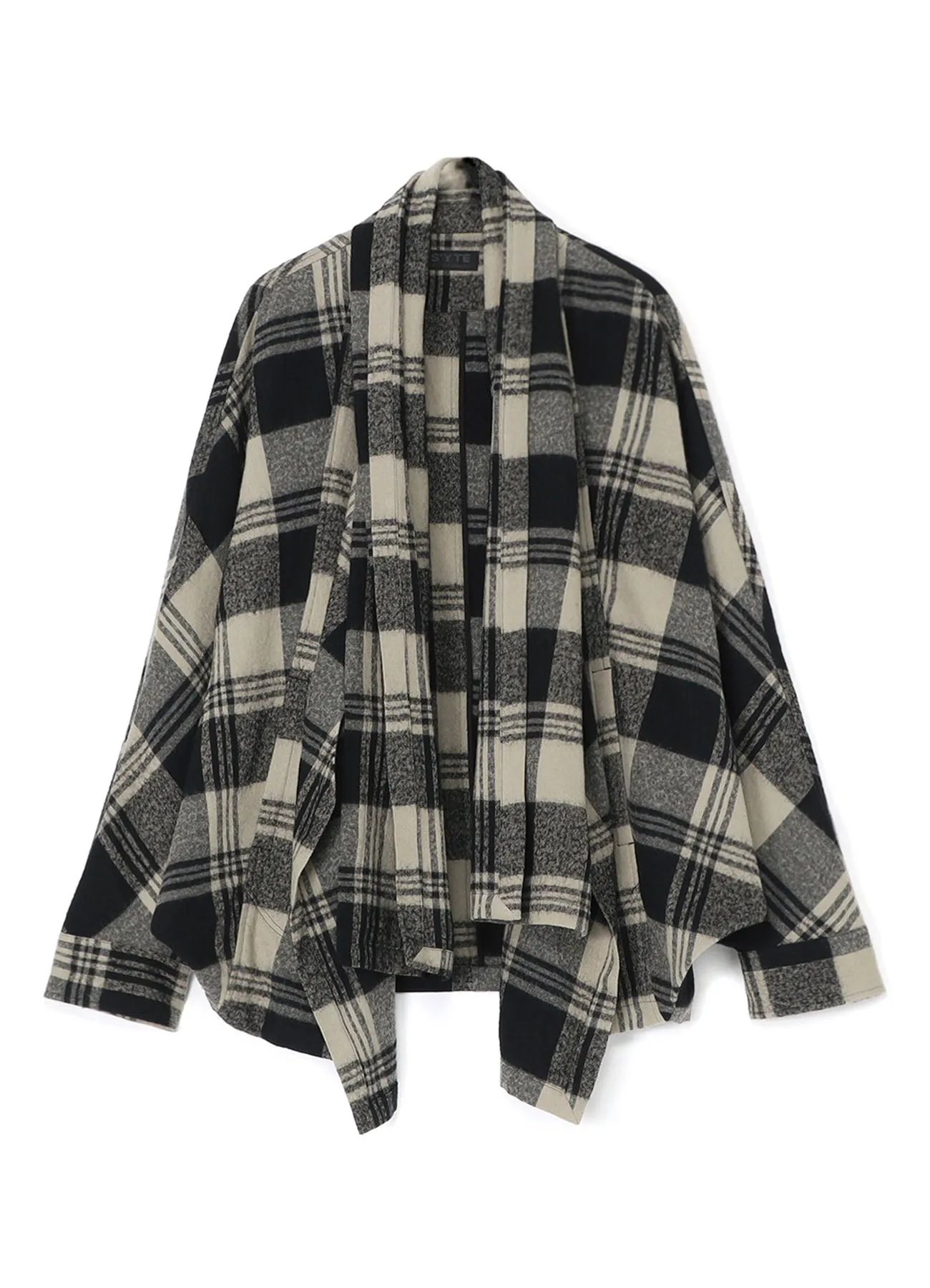 SHRUNKEN CHECK TWILL DOLMAN SLEEVE CARDIGAN WITH STOLE COLLAR