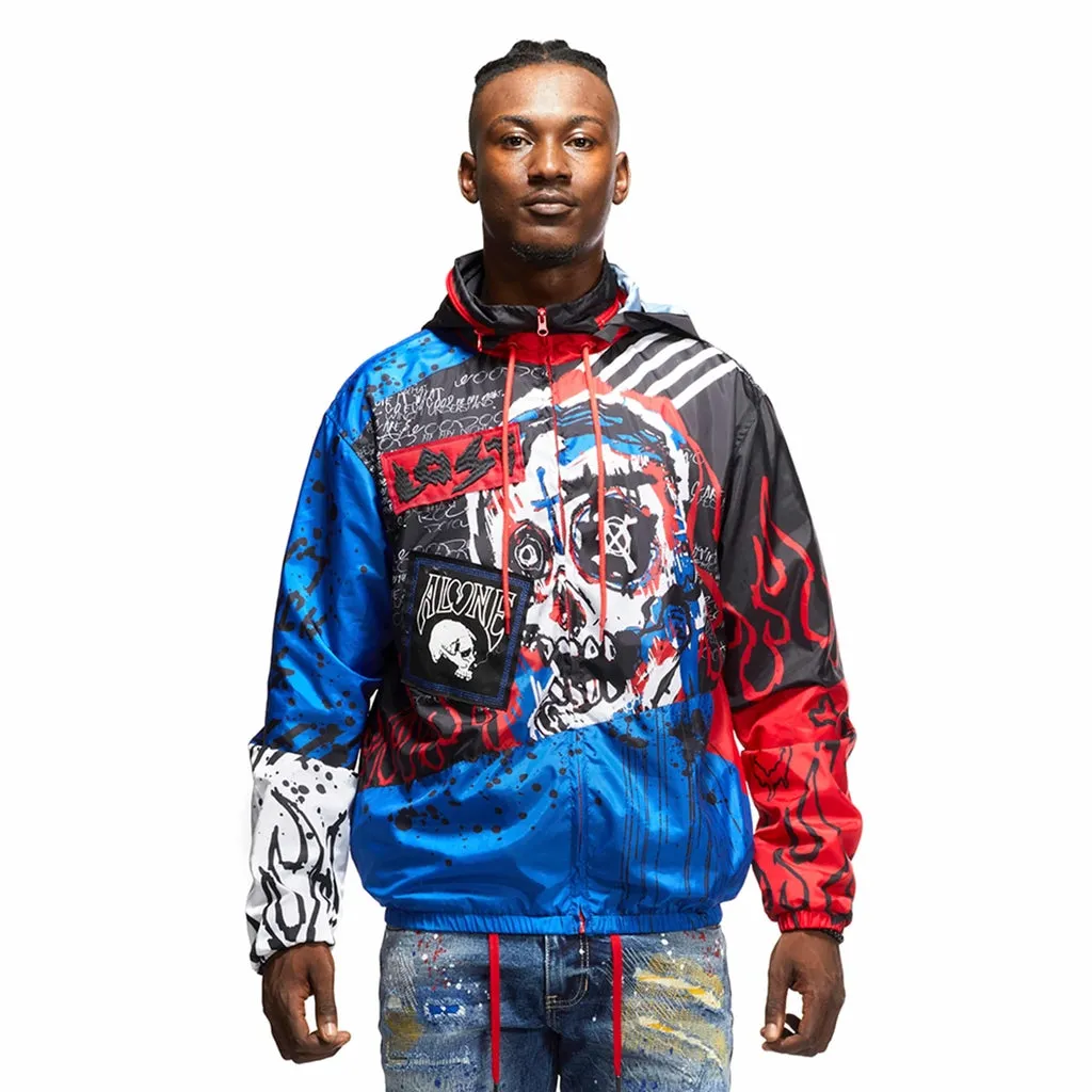 Skull & Flame Graphic Windbreaker Jacket - Red/Royal