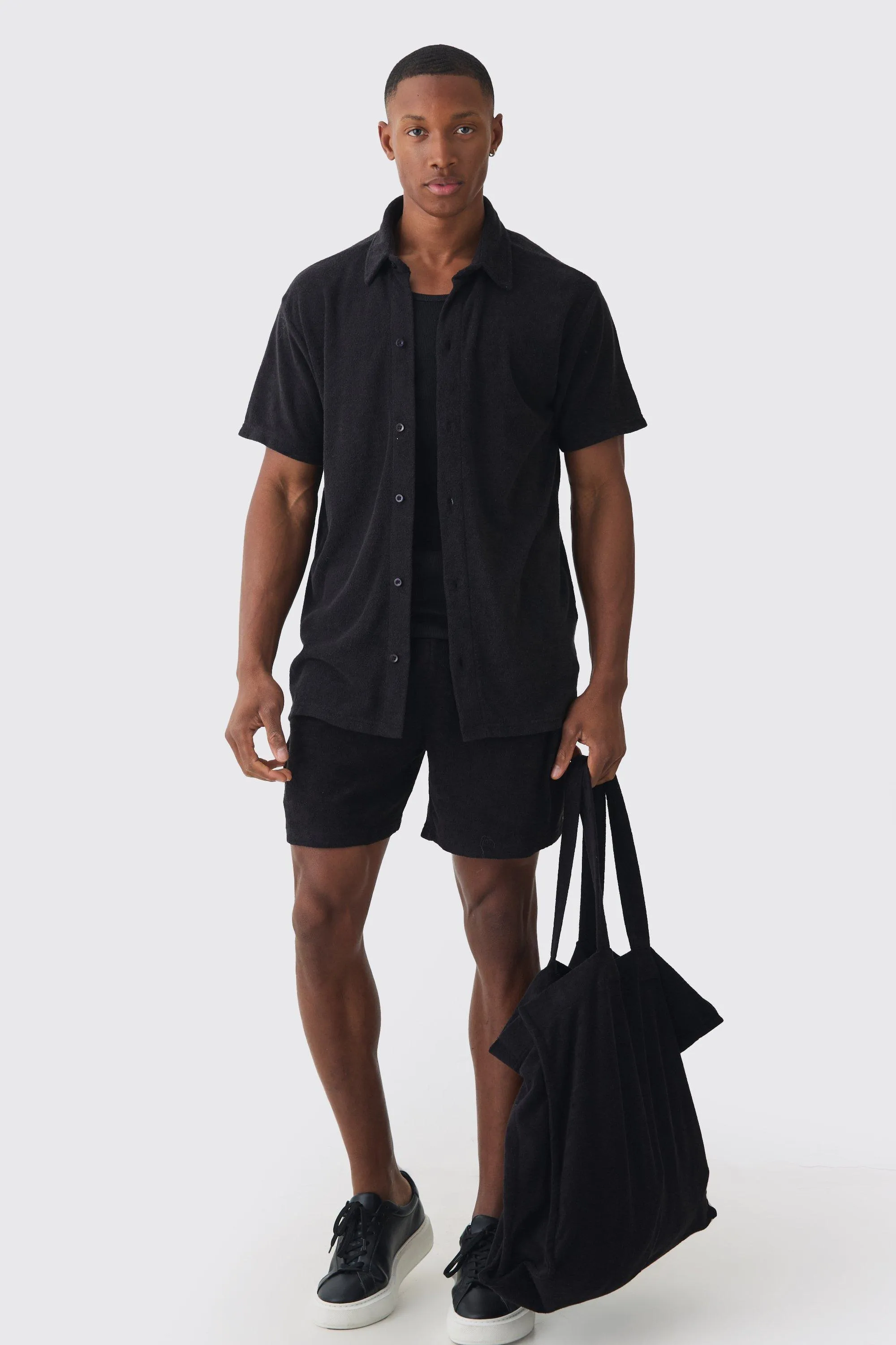 Towelling 3 Piece Shirt, Short & Tote Set | boohooMAN UK