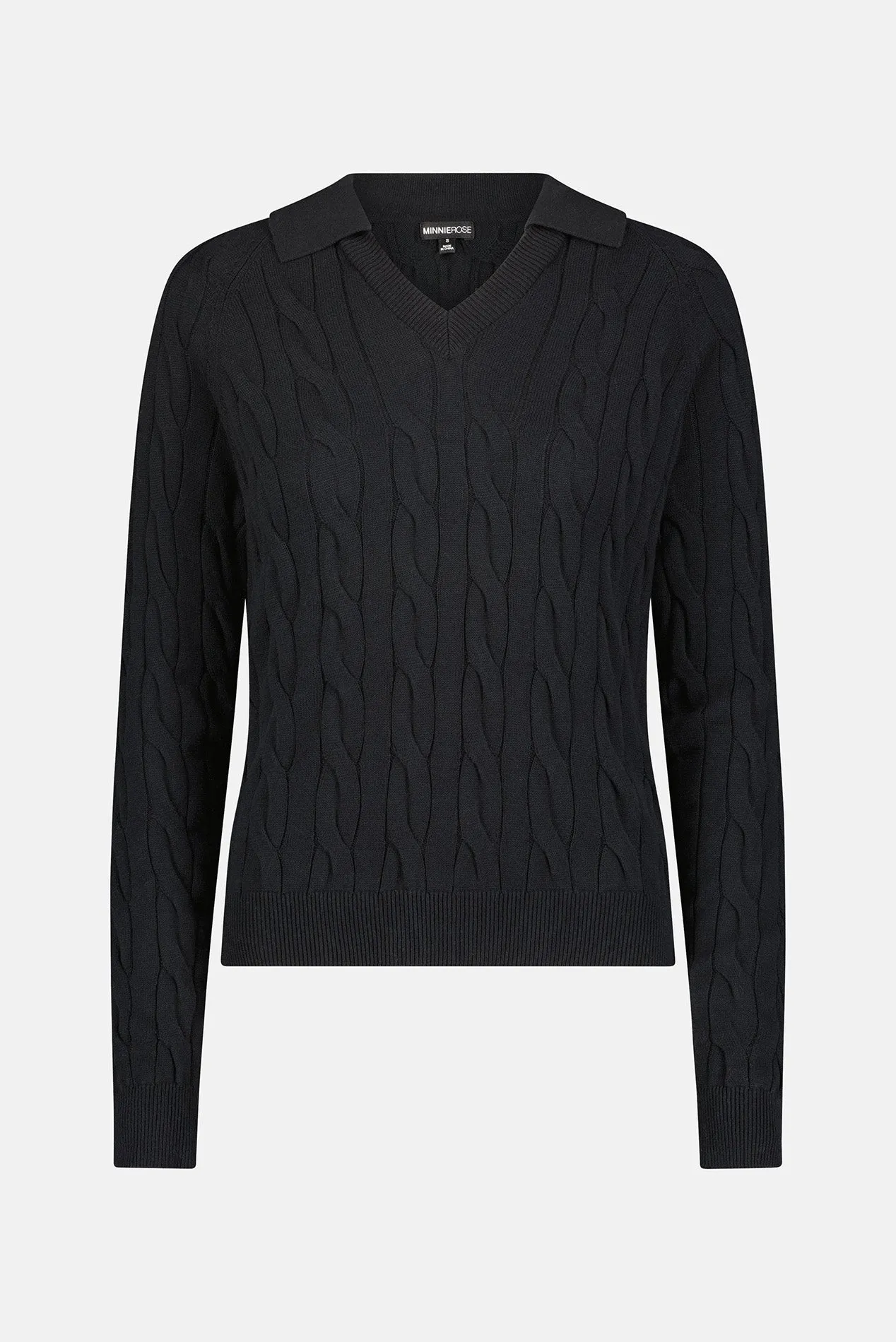 V Neck Cable Collared Pullover Black