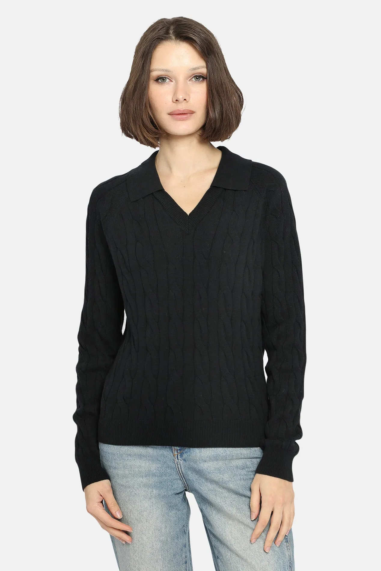 V Neck Cable Collared Pullover Black