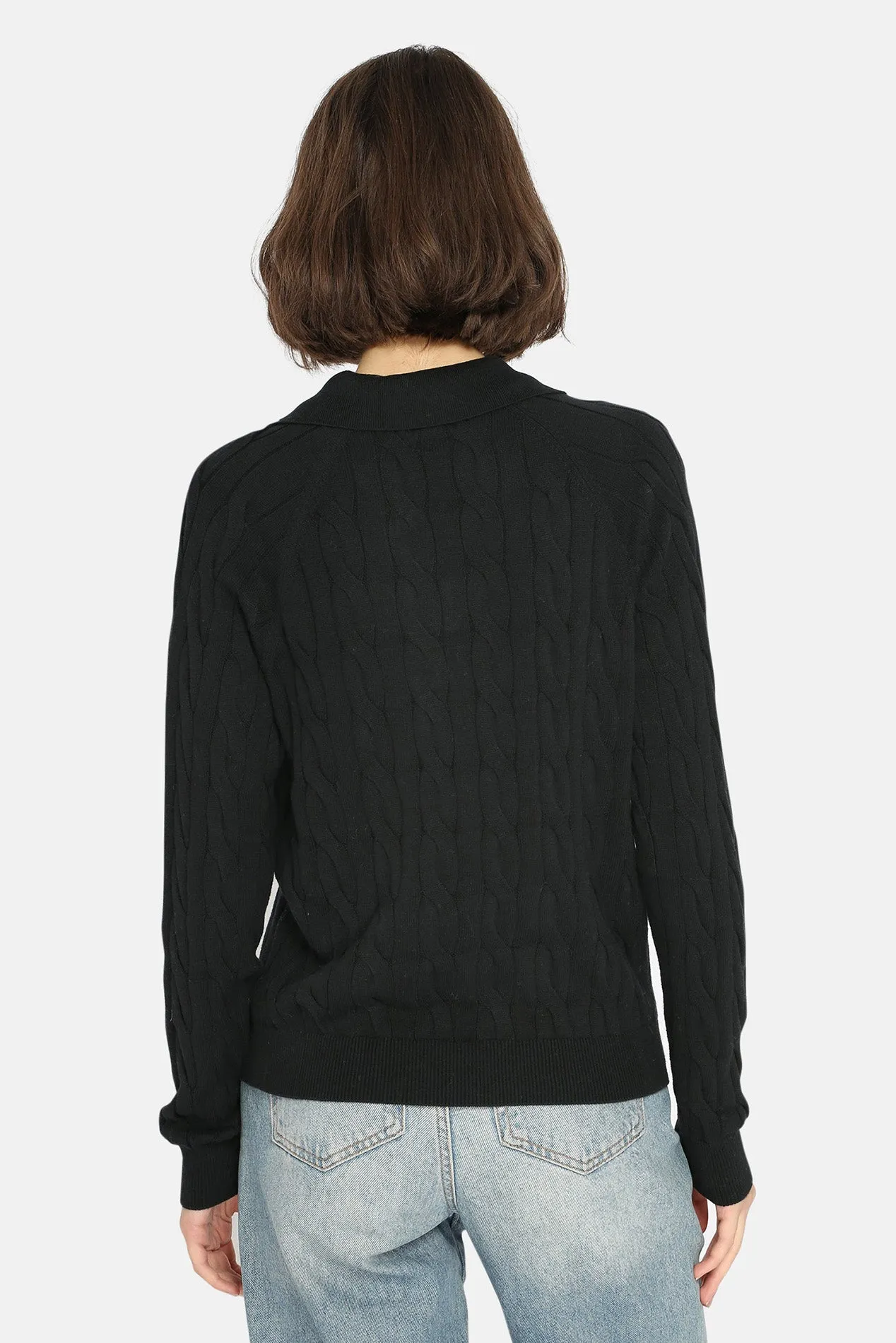 V Neck Cable Collared Pullover Black