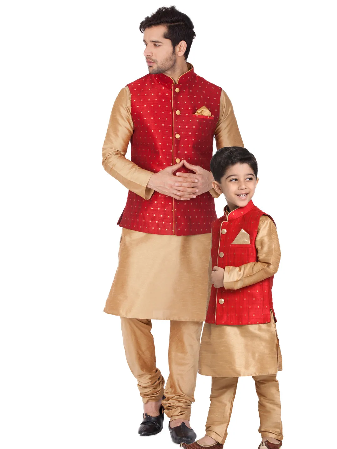 Vastramay Maroon and Rose Gold Silk Blend  Baap Beta Jacket Kurta Pyjama set