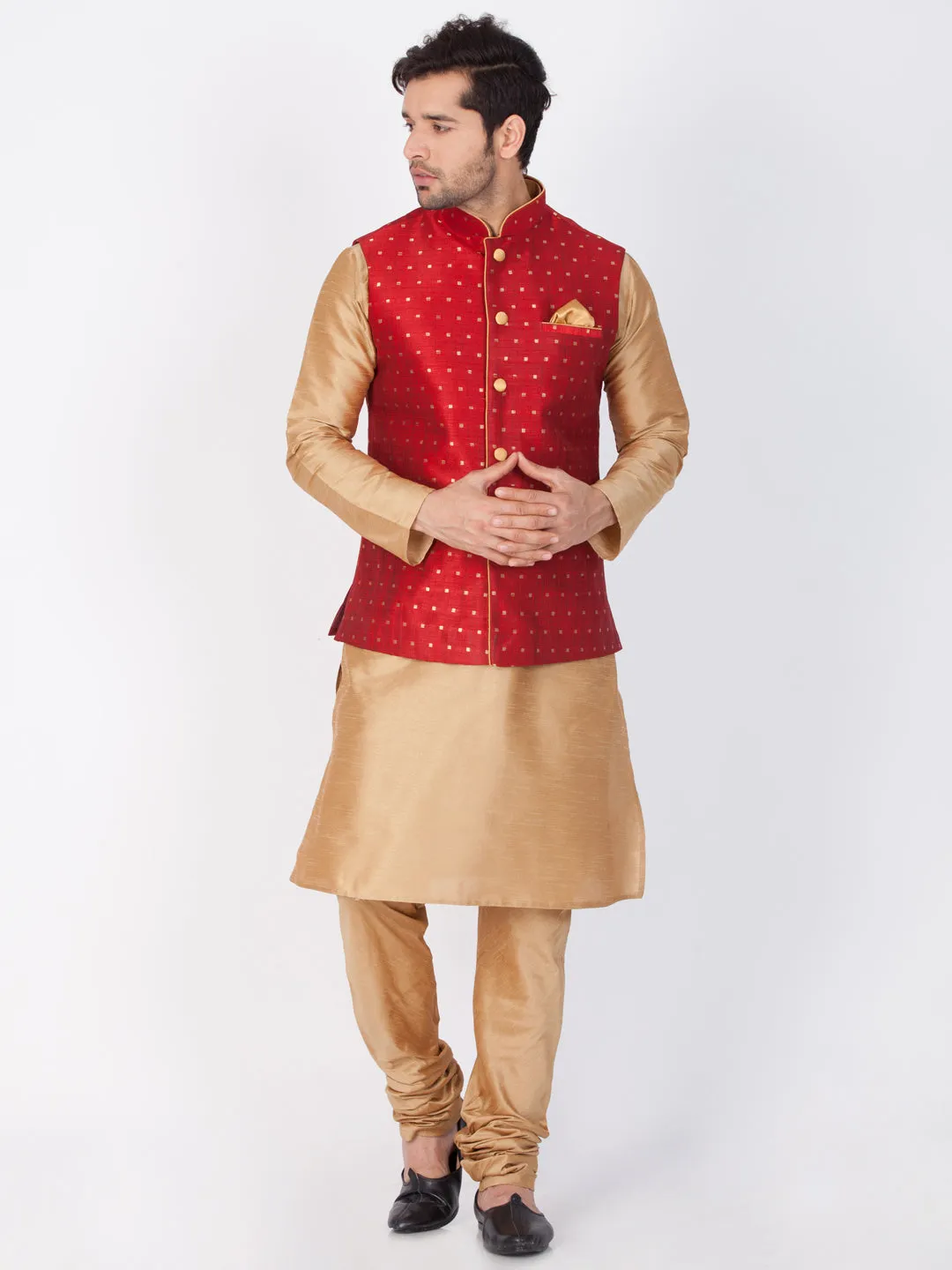 Vastramay Maroon and Rose Gold Silk Blend  Baap Beta Jacket Kurta Pyjama set