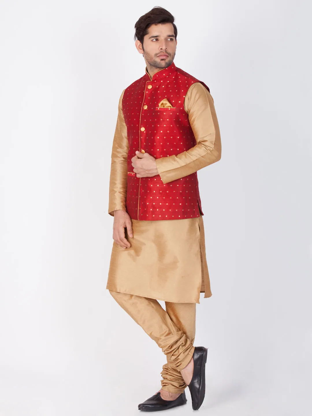 Vastramay Maroon and Rose Gold Silk Blend  Baap Beta Jacket Kurta Pyjama set