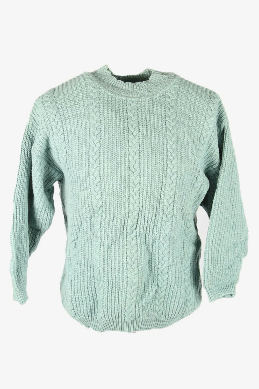 Vintage Cable Knit Wool Jumper Crew Neck Pullover 90s Turquoise M - Pepper Tree London