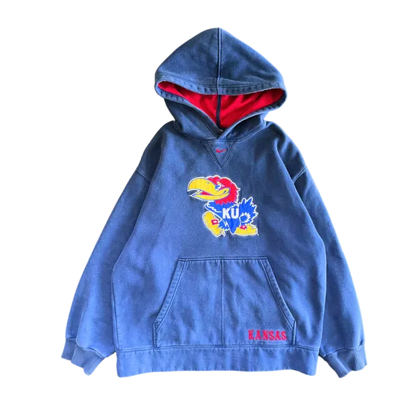 WESTSIDE STOREY VINTAGE | VINTAGE 90S KANSAS JAYHAWKS NIKE MIDDLE SWOOSH KU HOODIE - NAVY BLUE