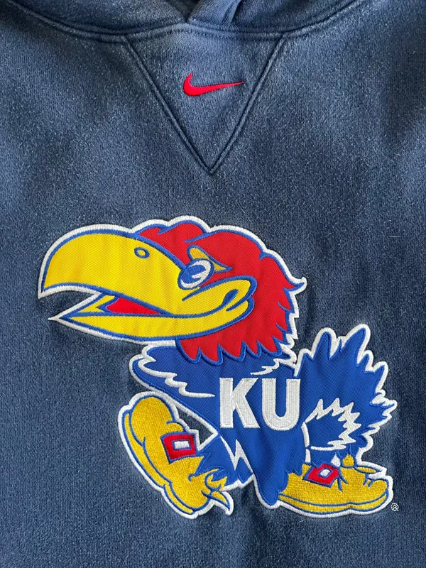 WESTSIDE STOREY VINTAGE | VINTAGE 90S KANSAS JAYHAWKS NIKE MIDDLE SWOOSH KU HOODIE - NAVY BLUE