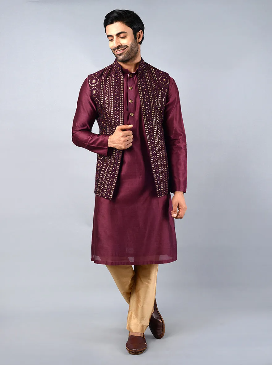 Wine Embroidered Regular Fit Kurta Set with Jacket | TULA