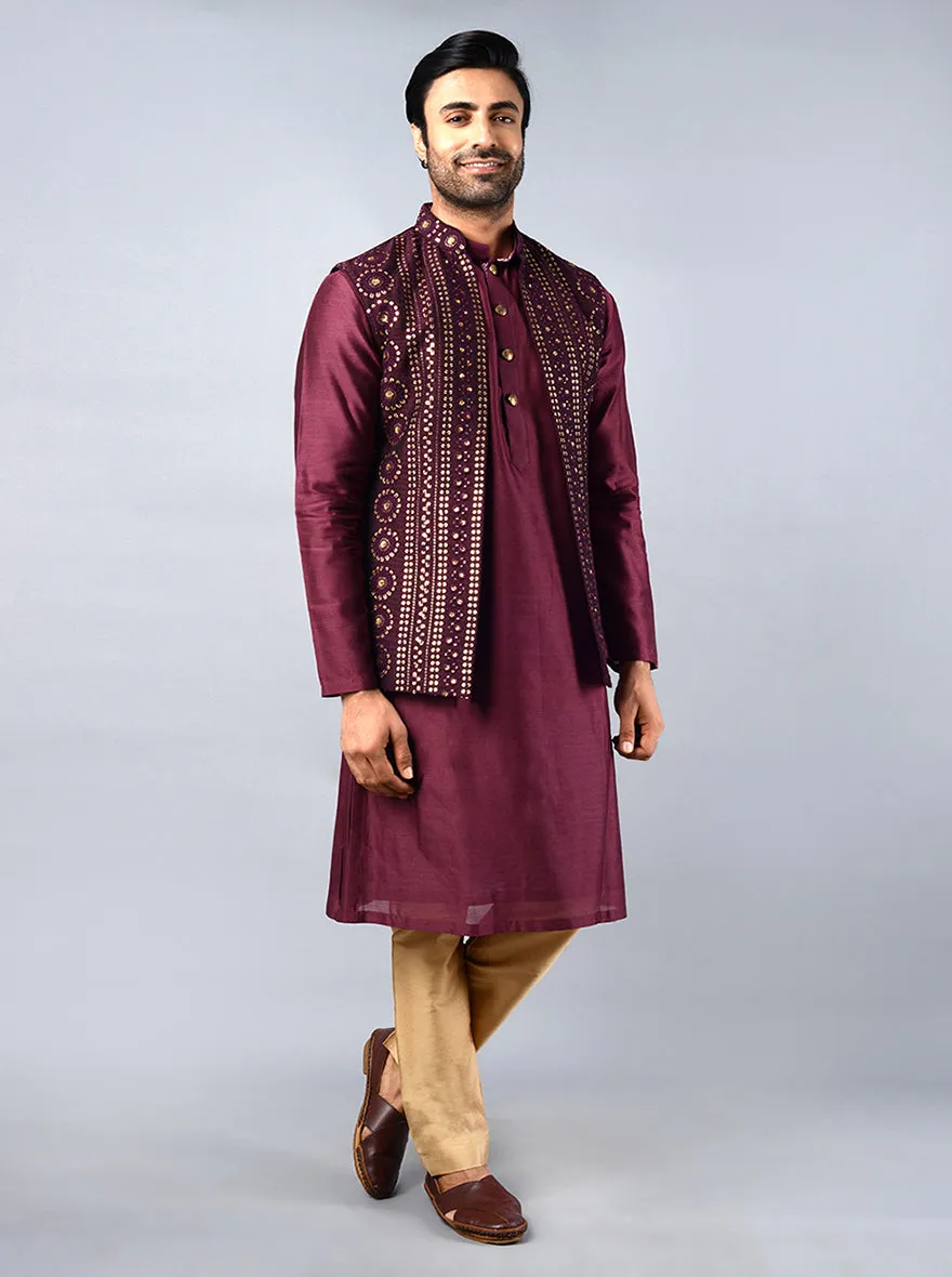 Wine Embroidered Regular Fit Kurta Set with Jacket | TULA