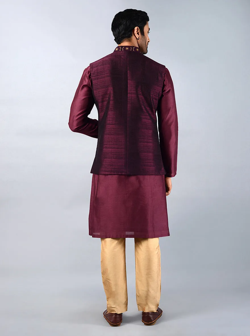 Wine Embroidered Regular Fit Kurta Set with Jacket | TULA