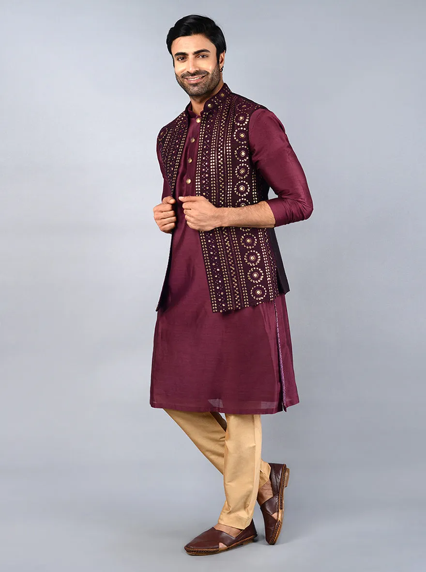 Wine Embroidered Regular Fit Kurta Set with Jacket | TULA