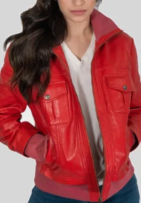 Women's Red Leather Bomber Jacket