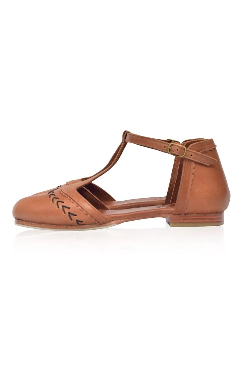 Wonderland T-strap Leather Flats in Vintage Camel