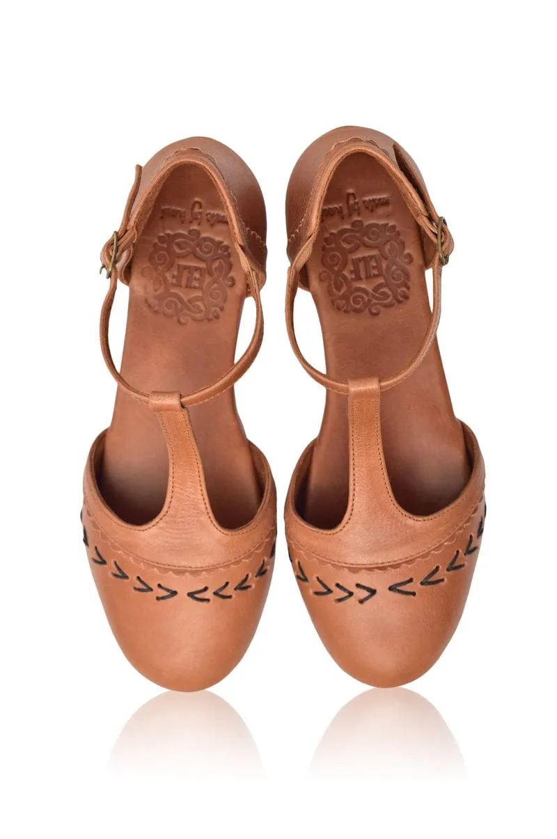 Wonderland T-strap Leather Flats in Vintage Camel